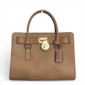 Y2K Michael Kors Hamilton Studded Brown Gold Lock Logo Satchel Top Handle Bag